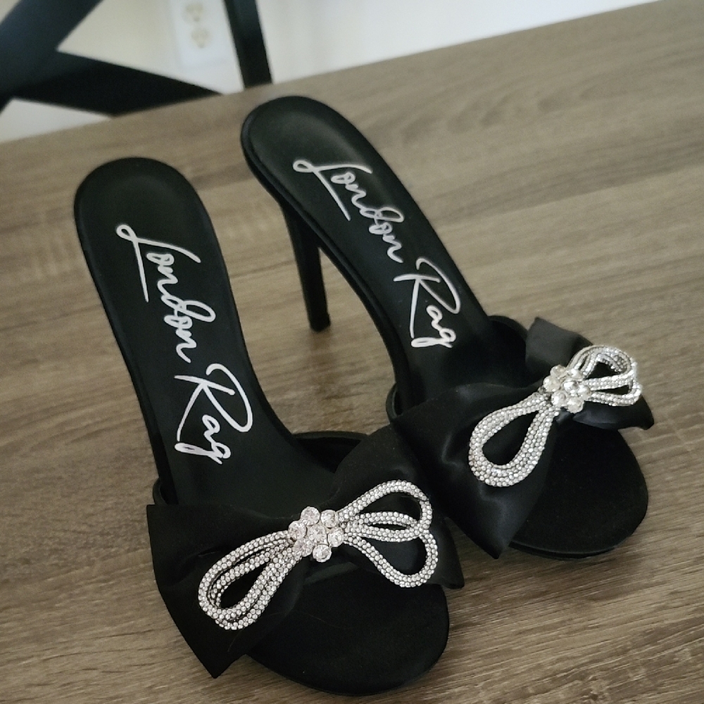 Black Stiletto Heels with Bow Accent